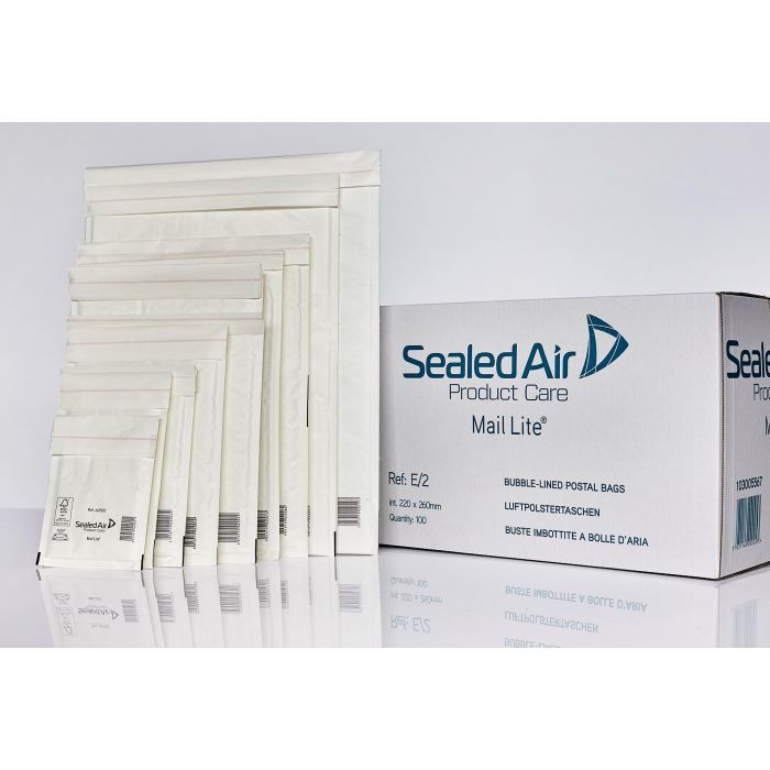 100 Mail Lite Sealed Air E/2 White padded envelopes size 220mm x 260mm or 8.5 x 10.25 inches, Bubble lined paper envelopes